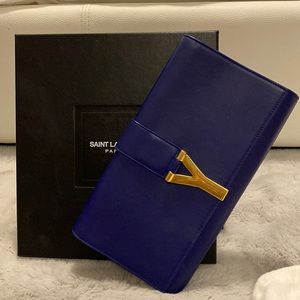 Authentic Saint Laurent Y Ligne Clutch in navy blue with ghw